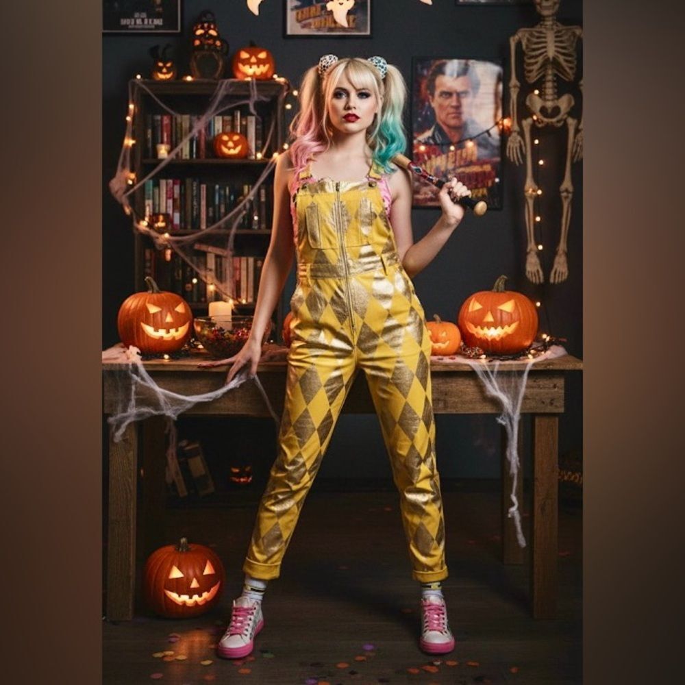 Spirit Harley Quinn Birds of Prey Yellow/Gold Diamond Overalls, size SMALL
